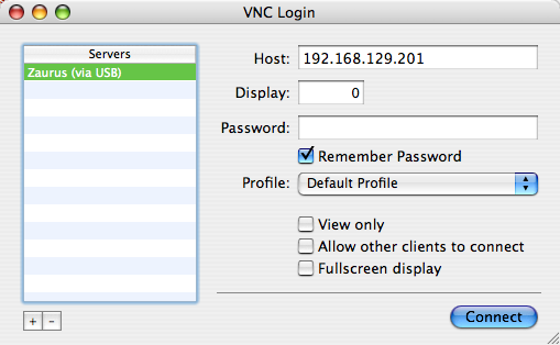 Chicken of the VNC setup screen